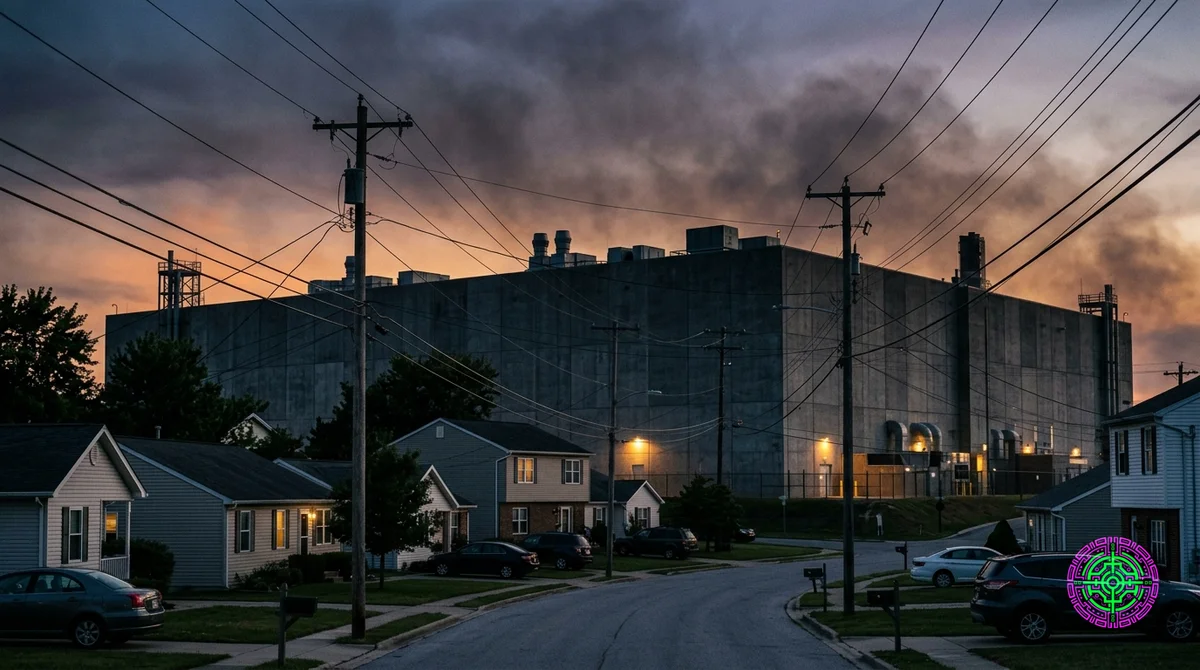 A photojournalistic scene of a suburban neighborhood at dusk with a massive windowless data center looming behind modest homes, diesel exhaust haze drifting across the sky, dramatic cinematic lighting, 16:9 ultra-wide composition