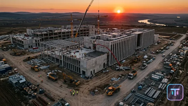 Vue aérienne d'un immense chantier de construction de centre de données d'IA futuriste au coucher du soleil