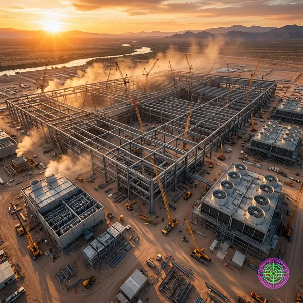 Aerial view of a massive futuristic ai data center construction site at sunset
