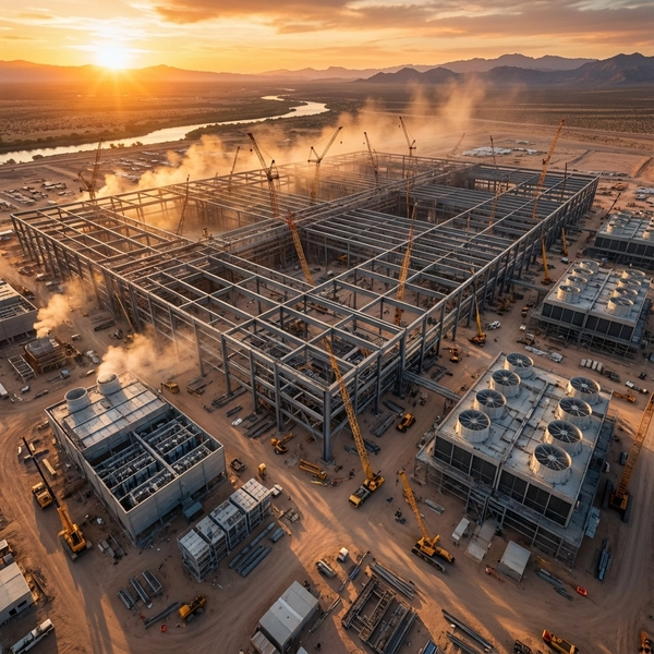 Aerial view of a massive futuristic ai data center construction site at sunset