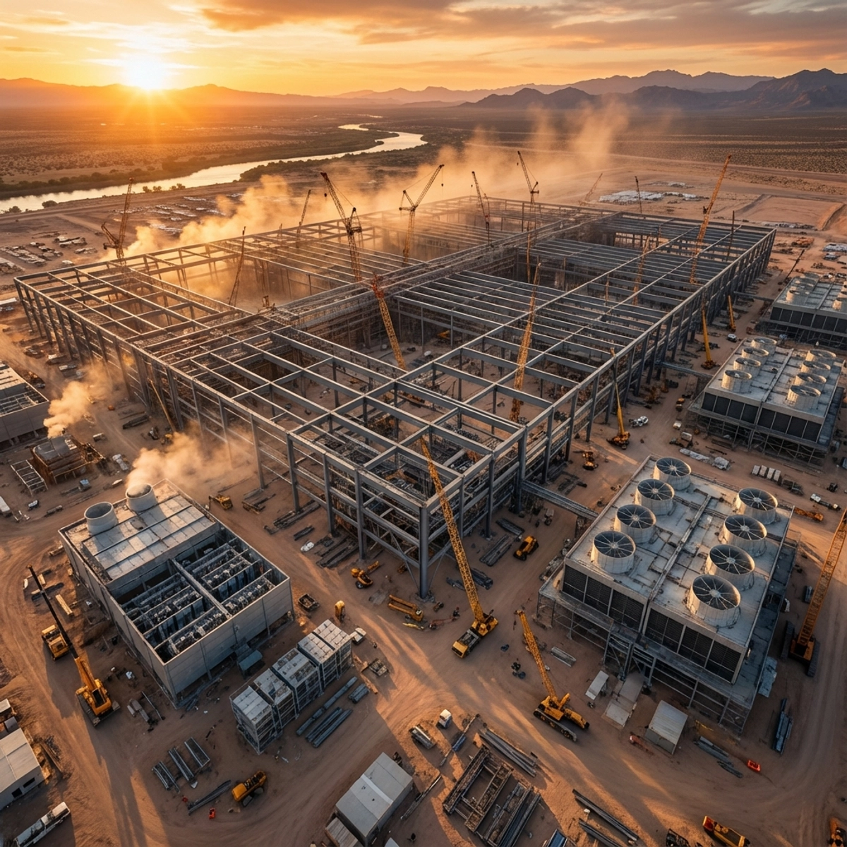 Aerial view of a massive futuristic ai data center construction site at sunset
