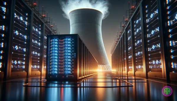 Ein leuchtendes Server-Rack, das mit einem nuklearen Kühlturm verbunden ist.