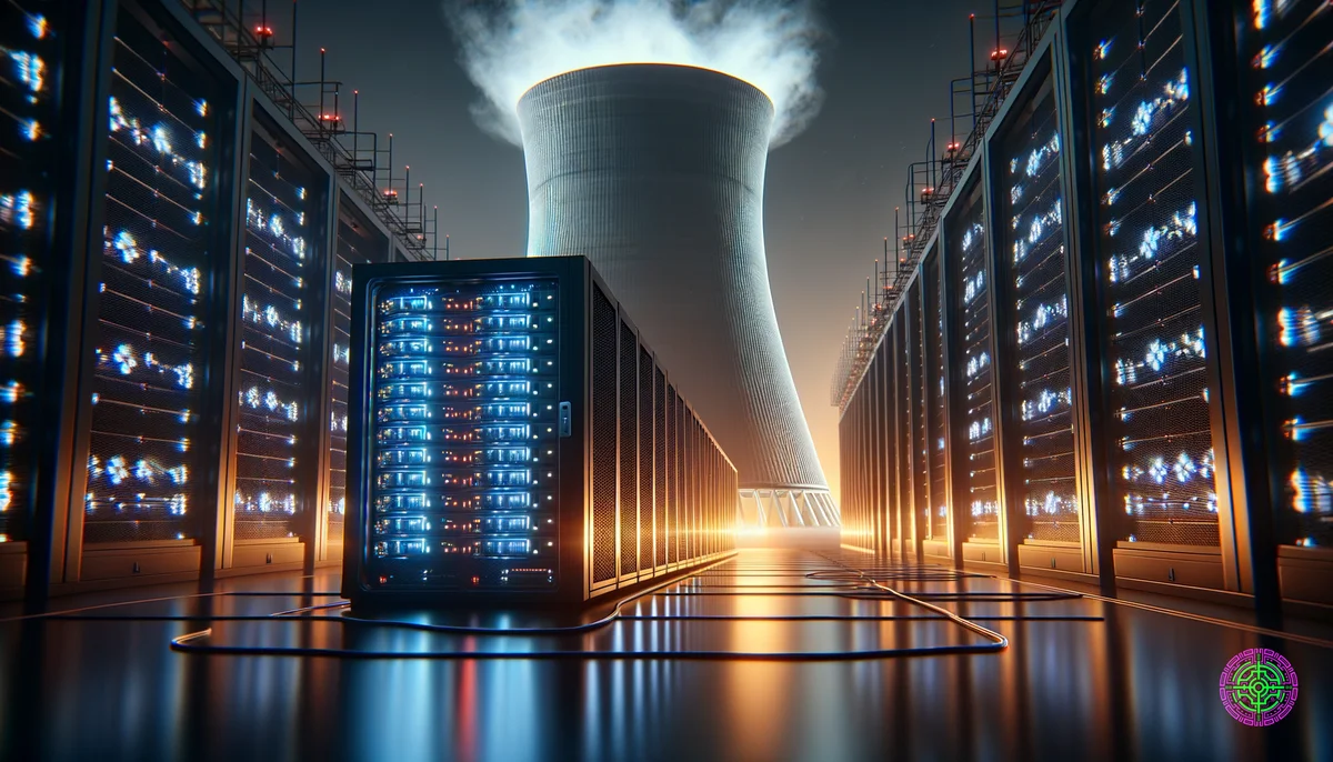 A glowing server rack connected to a nuclear cooling tower.