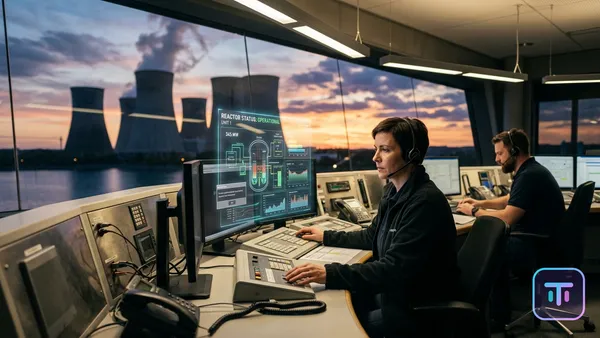 A modern nuclear control room with holographic displays overlooking cooling towers at sunset.