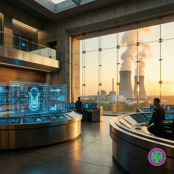 A modern nuclear control room with holographic displays overlooking cooling towers at sunset.