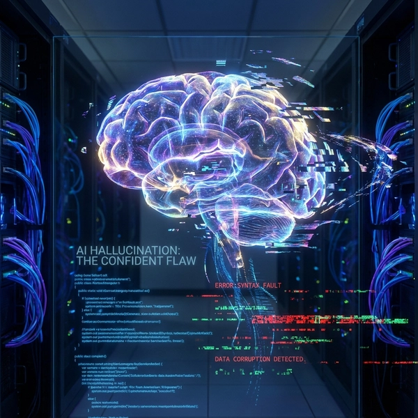 Conceptual visualization of an AI neural network with fragmented, glitchy outputs representing hallucinations