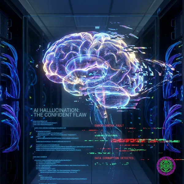 Conceptual visualization of an AI neural network with fragmented, glitchy outputs representing hallucinations