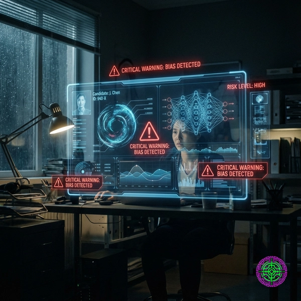 Holographic interface showing job candidate analysis with bias warning indicators in a dark office
