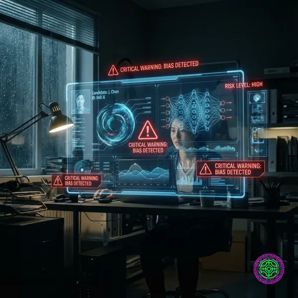 Interfaz holográfica que muestra el análisis de un candidato a un puesto de trabajo con indicadores de advertencia de sesgo en una oficina oscura