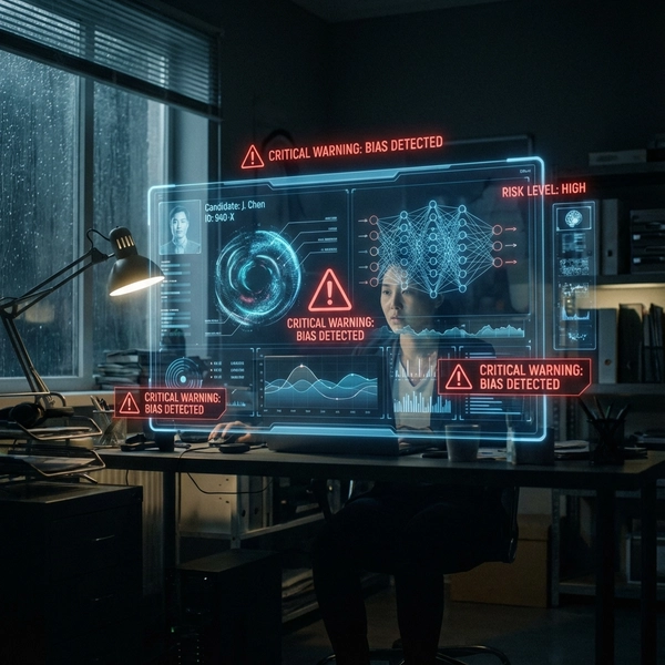 Holographic interface showing job candidate analysis with bias warning indicators in a dark office