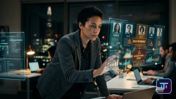 Holographic interface showing job candidate analysis with bias warning indicators in a dark office