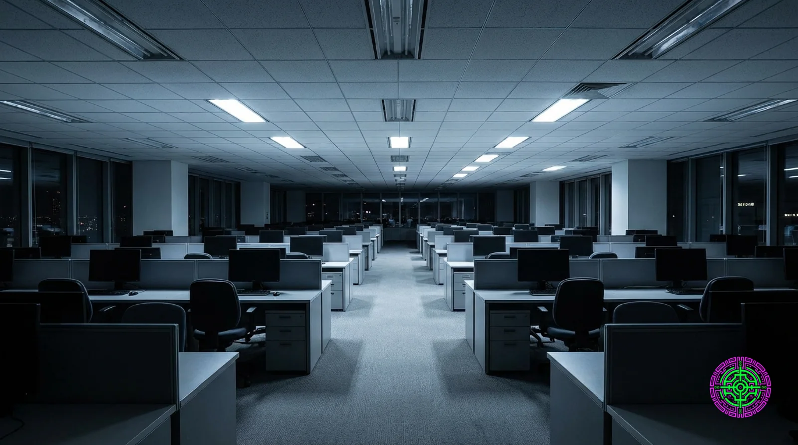 A large corporate office with rows of empty desks and turned off computer monitors under harsh fluorescent lighting, emphasizing corporate coldness and abandonment. Cinematic wide shot, 16:9 aspect ratio, photorealistic, dramatic lighting, no text, no people.