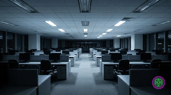 Ein großes Firmenbüro mit Reihen leerer Schreibtische und ausgeschalteter Computermonitore unter grellem Neonlicht, das die Kälte und Verlassenheit des Unternehmens betont. Kinoreife Weitaufnahme, 16:9-Seitenverhältnis, fotorealistisch, dramatische Beleuchtung, kein Text, keine Personen.