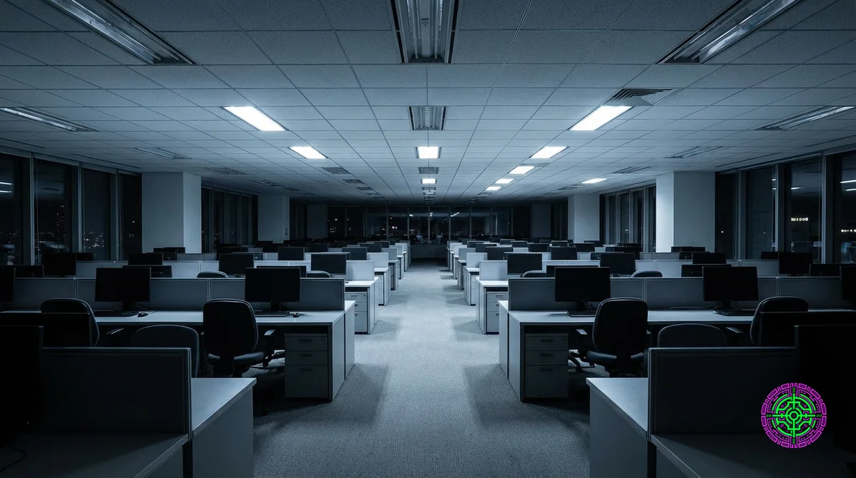 Um grande escritório corporativo com fileiras de mesas vazias e monitores de computador desligados sob iluminação fluorescente forte, enfatizando a frieza e o abandono corporativo. Plano cinematográfico amplo, proporção de 16:9, fotorrealista, iluminação dramática, sem texto, sem pessoas.