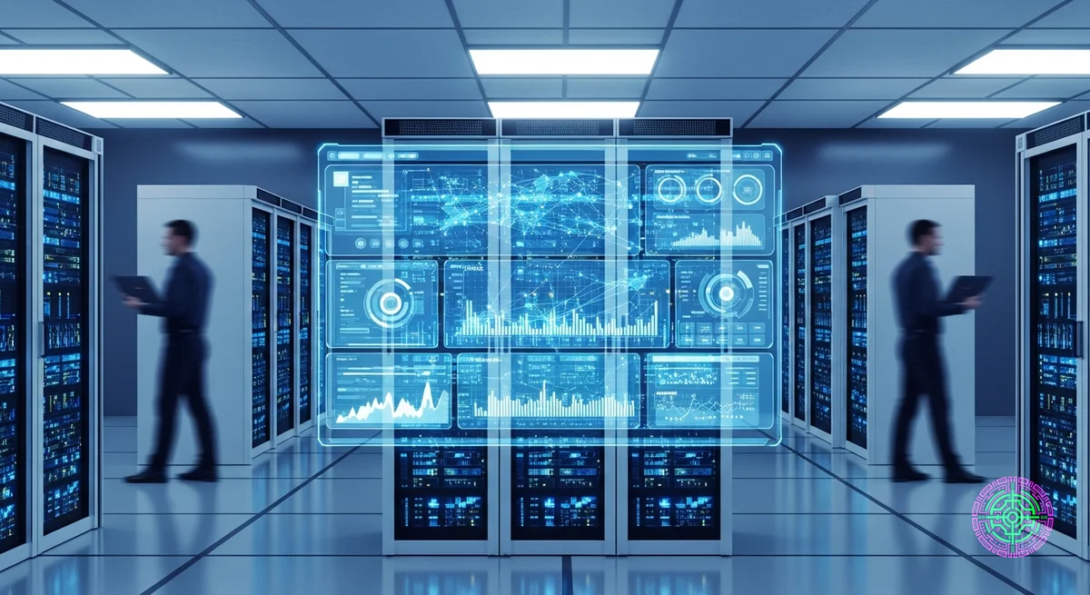 Abstract 3D render of a massive AI server rack pulling glowing silicone memory chips out of shattered consumer smartphones and laptops