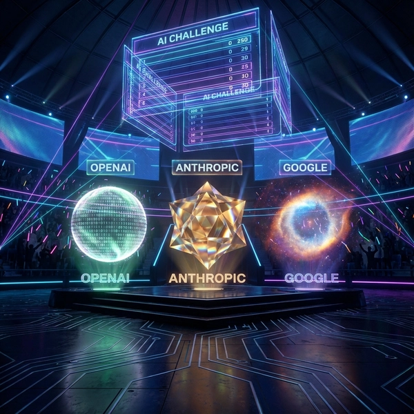 Futuristic digital arena showing OpenAI, Anthropic, and Google AI entities in a leaderboard formation