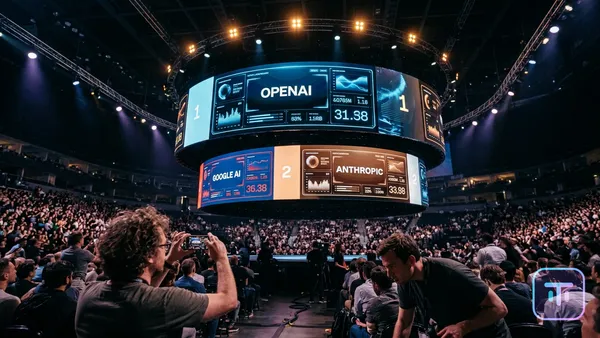Futuristic digital arena showing OpenAI, Anthropic, and Google AI entities in a leaderboard formation