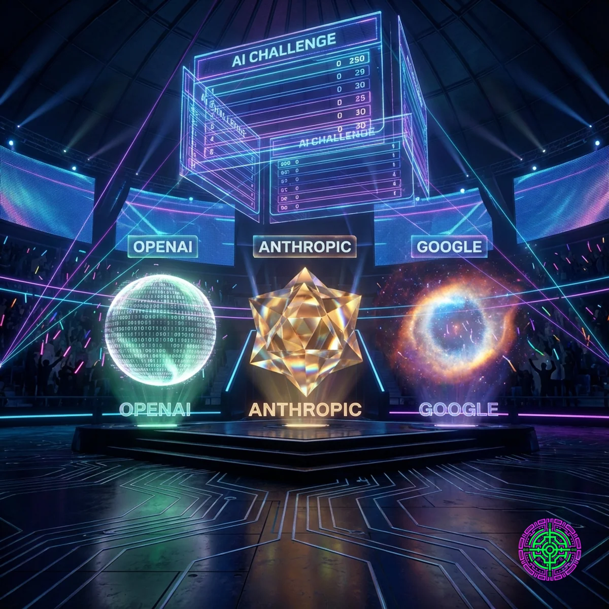 Futuristic digital arena showing OpenAI, Anthropic, and Google AI entities in a leaderboard formation