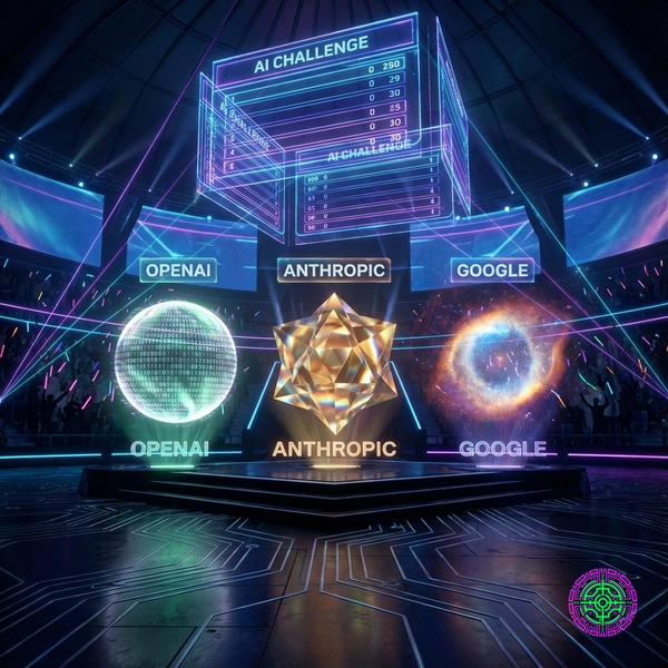 Futuristic digital arena showing OpenAI, Anthropic, and Google AI entities in a leaderboard formation