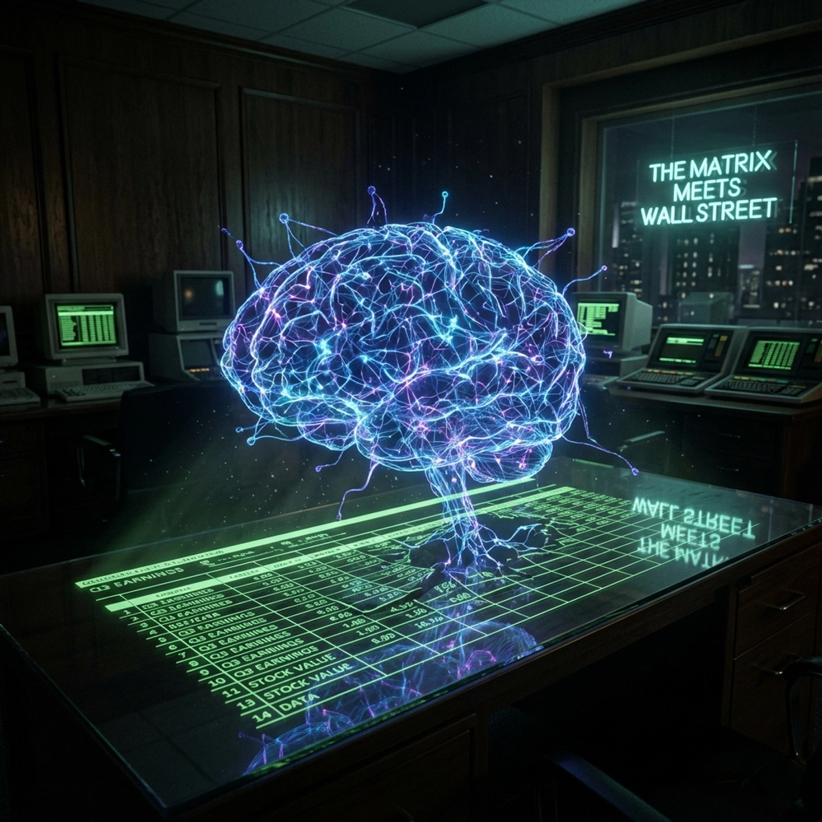 A digital neural network dismantling a traditional green spreadsheet grid