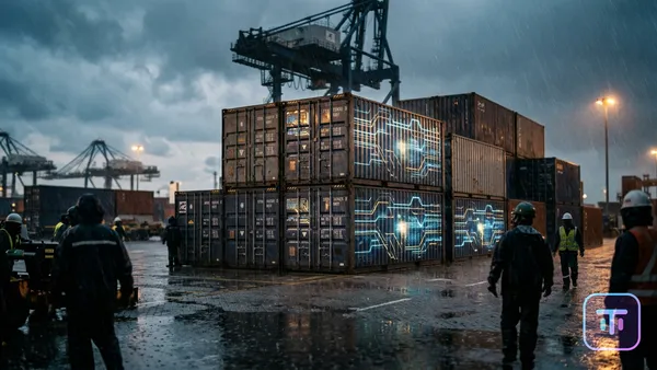 Schiffscontainer, die mit KI-Schaltkreisen in einem stürmischen Hafen leuchten