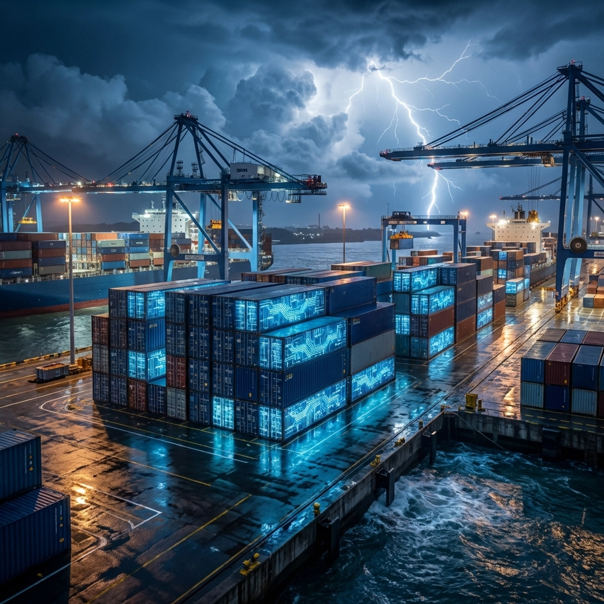 Shipping containers glowing with AI circuitry in a stormy port