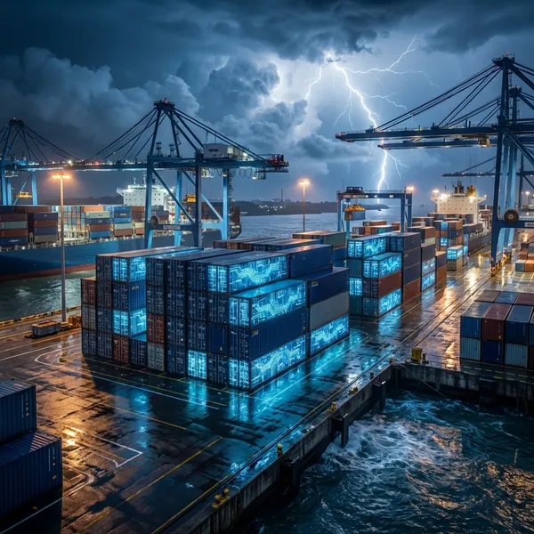 Shipping containers glowing with AI circuitry in a stormy port