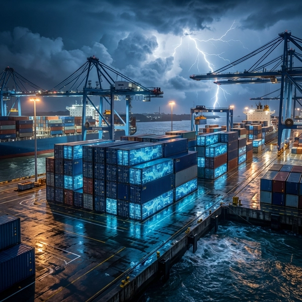 Shipping containers glowing with AI circuitry in a stormy port
