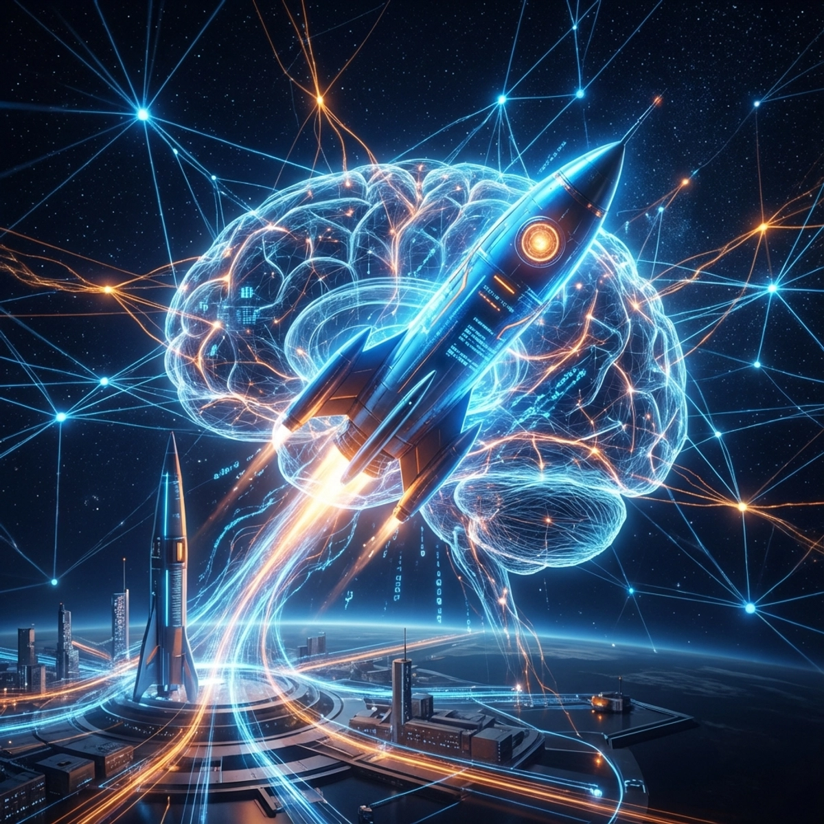 火箭穿过代表太空人工智能的数字神经网络发射