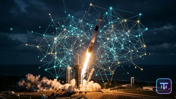 Rakete, die durch ein digitales neuronales Netzwerk startet, das weltraumgestützte KI darstellt