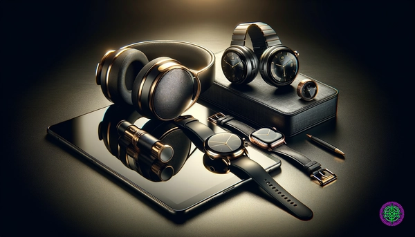 Curated collection of high-end tech gadgets on a sleek dark surface with gold accents