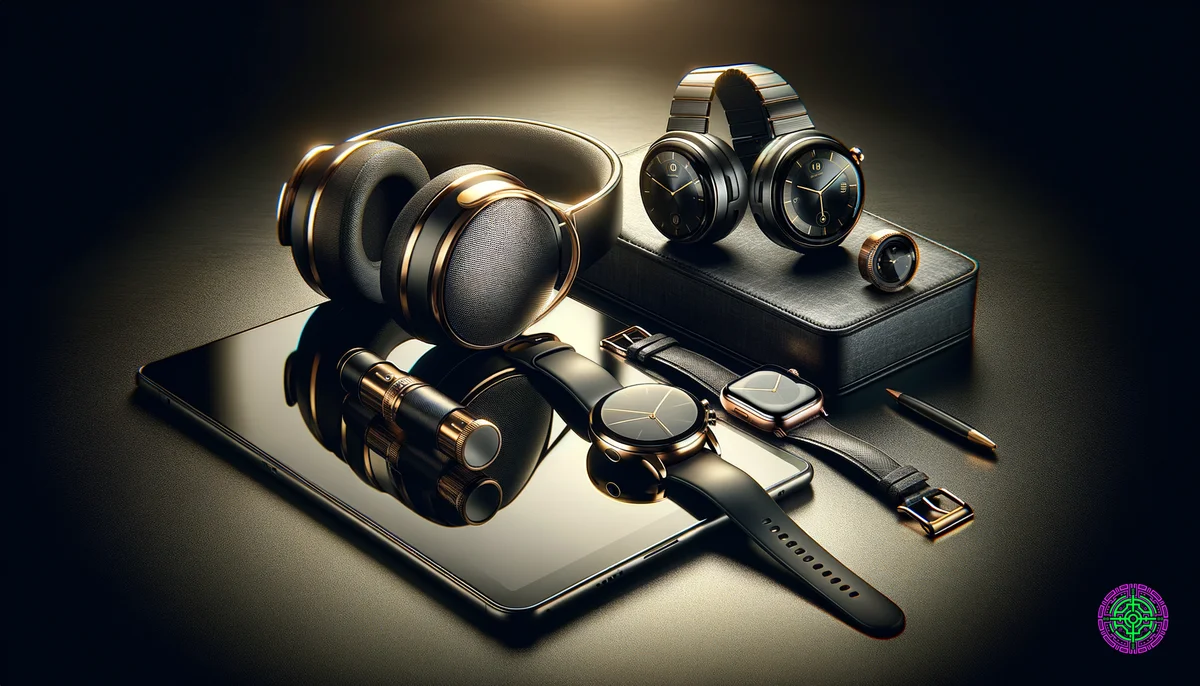 Kuratiertes Sortiment an High-End-Tech-Gadgets auf einer eleganten, dunklen Oberfläche mit goldenen Akzenten