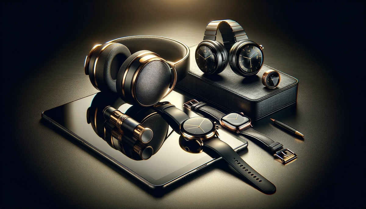 Curated collection of high-end tech gadgets on a sleek dark surface with gold accents