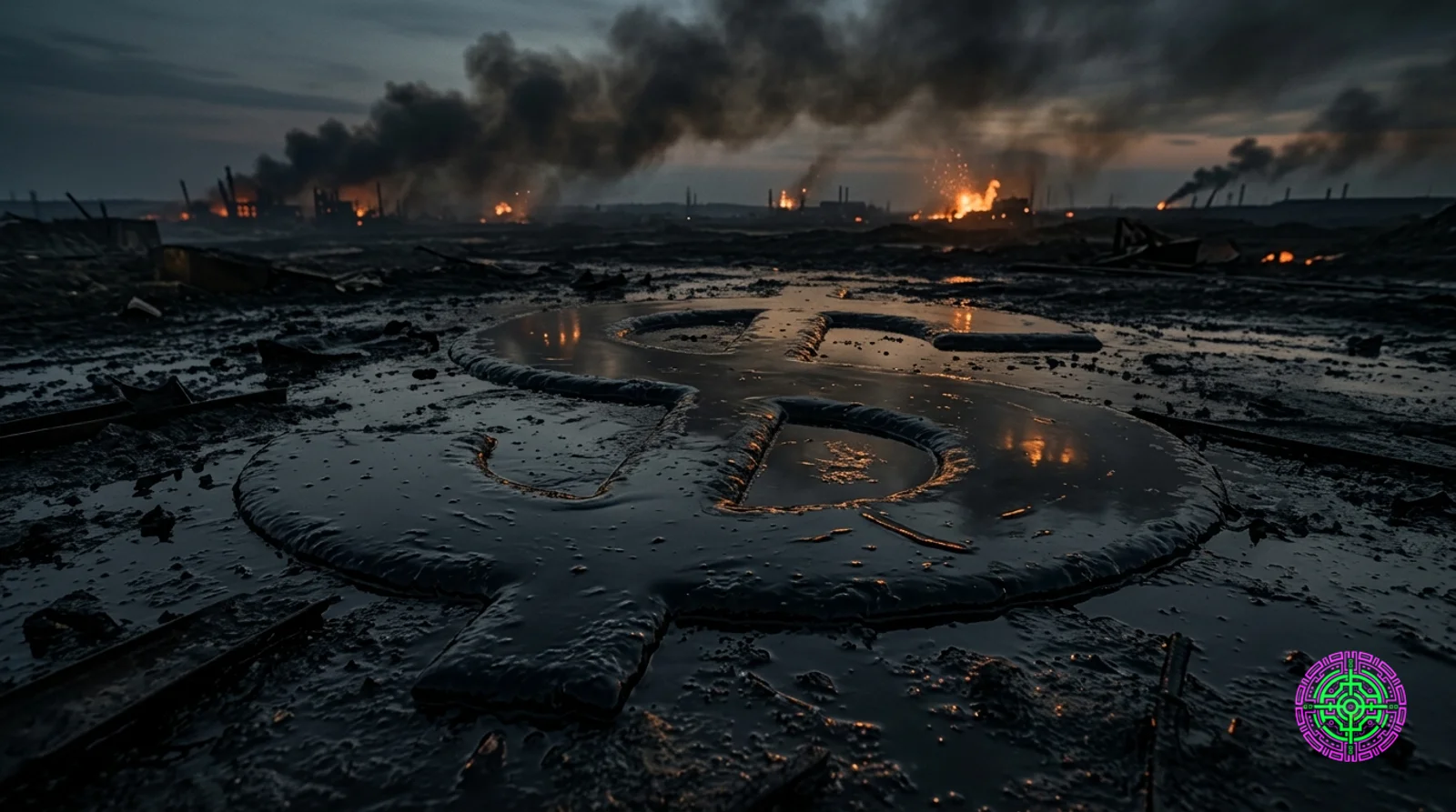 A massive cancelled check made of burning oil, signed by the Pentagon, payable to the Kremlin, floating above a dark battlefield with distant explosions and drone silhouettes