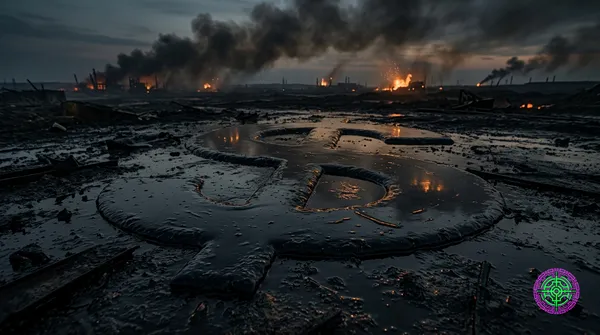 A massive cancelled check made of burning oil, signed by the Pentagon, payable to the Kremlin, floating above a dark battlefield with distant explosions and drone silhouettes