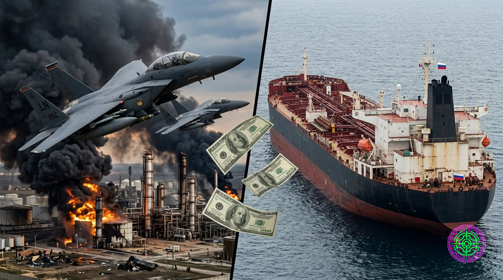 A massive cancelled check made of burning oil, signed by the Pentagon, payable to the Kremlin, floating above a dark battlefield with distant explosions and drone silhouettes