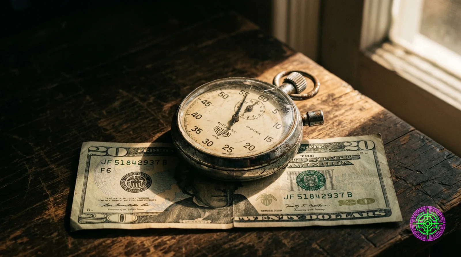 A worn analog stopwatch frozen at 63 minutes rests on a faded American twenty-dollar bill, lit by a single shaft of harsh window light in an empty room.