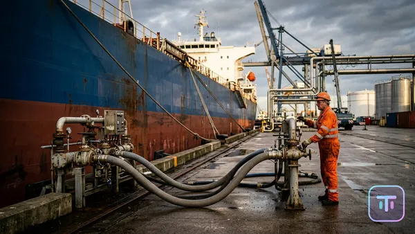 A hyper-realistic cinematic shot of a massive modern cargo ship docked at a port with liquid ammonia bunkering hoses connected.