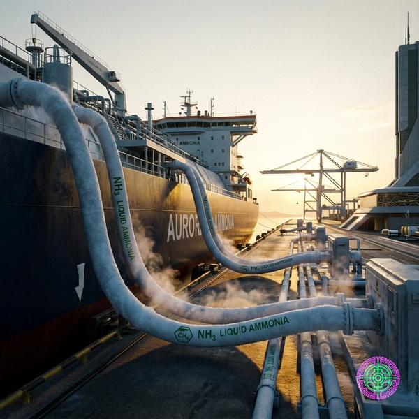 A hyper-realistic cinematic shot of a massive modern cargo ship docked at a port with liquid ammonia bunkering hoses connected.