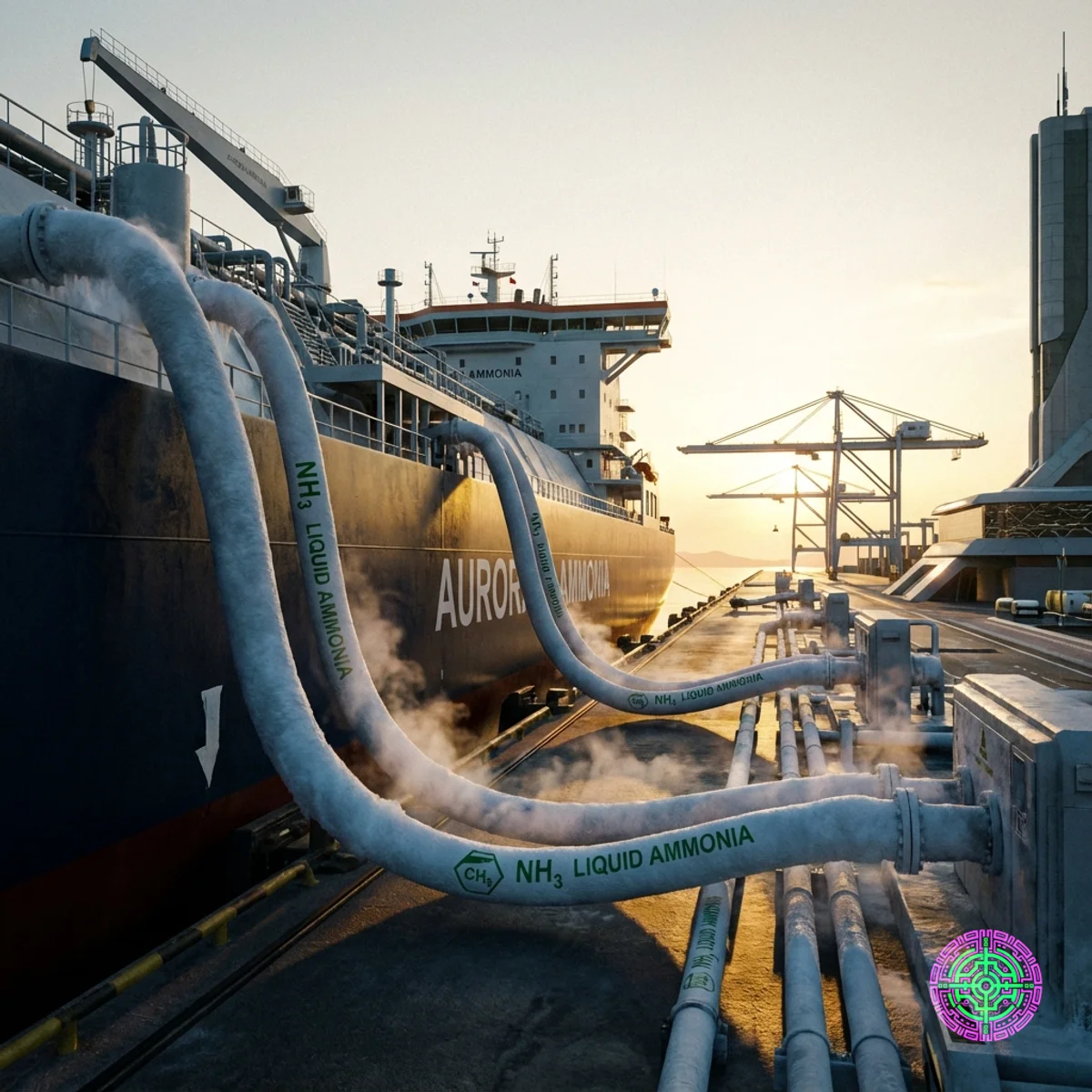 Eine hyperrealistische filmische Aufnahme eines riesigen, modernen Frachtschiffs, das an einem Hafen mit angeschlossenen Flüssigammoniak-Bunkerleitungen festgemacht hat.