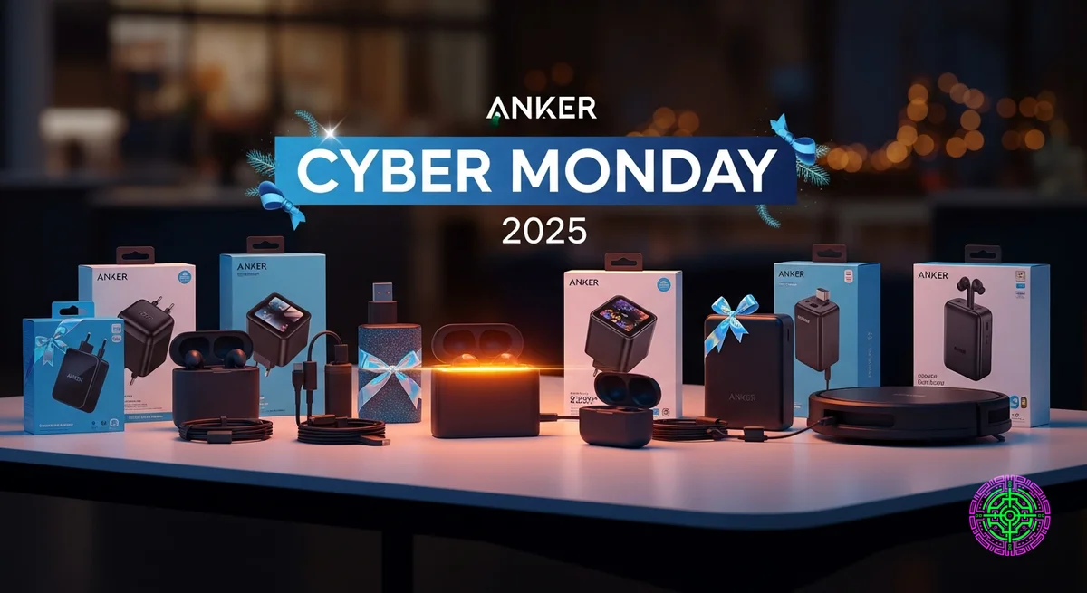 청록색 조명이 있는 어두운 표면에 놓인 프리미엄 Anker 충전 제품 컬렉션