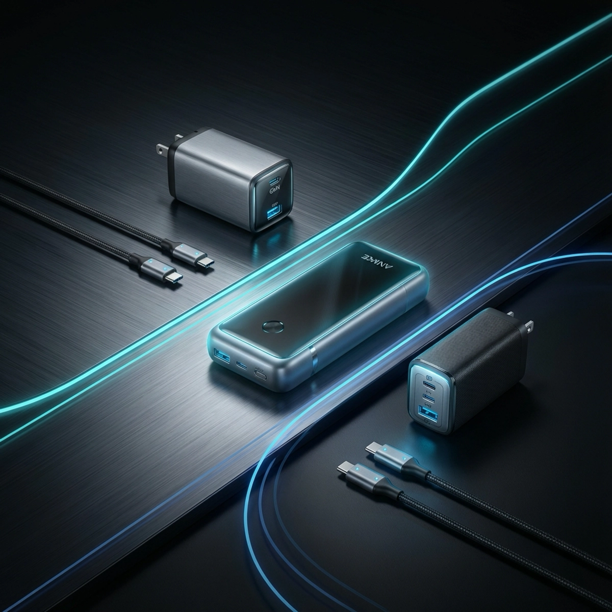 Collection of premium Anker charging products on a dark surface with cyan lighting