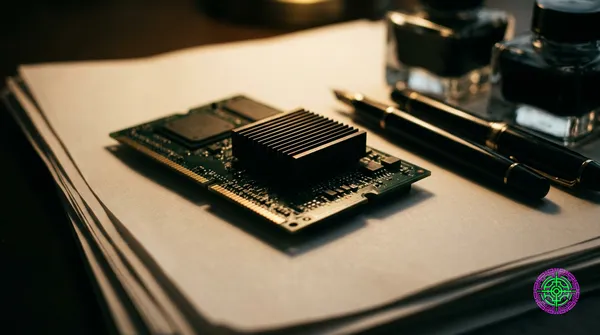 An extreme close-up of a green semiconductor chip resting on a stack of blank legal paper, two fountain pens and ink wells slightly out of focus behind it, dim warm chiaroscuro lighting, documentary photojournalistic style.