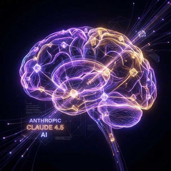 Abstract visualization of Anthropic Claude 4.5 AI model with glowing neural nodes