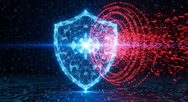 Digital security concept art with glowing red shield protecting data stream