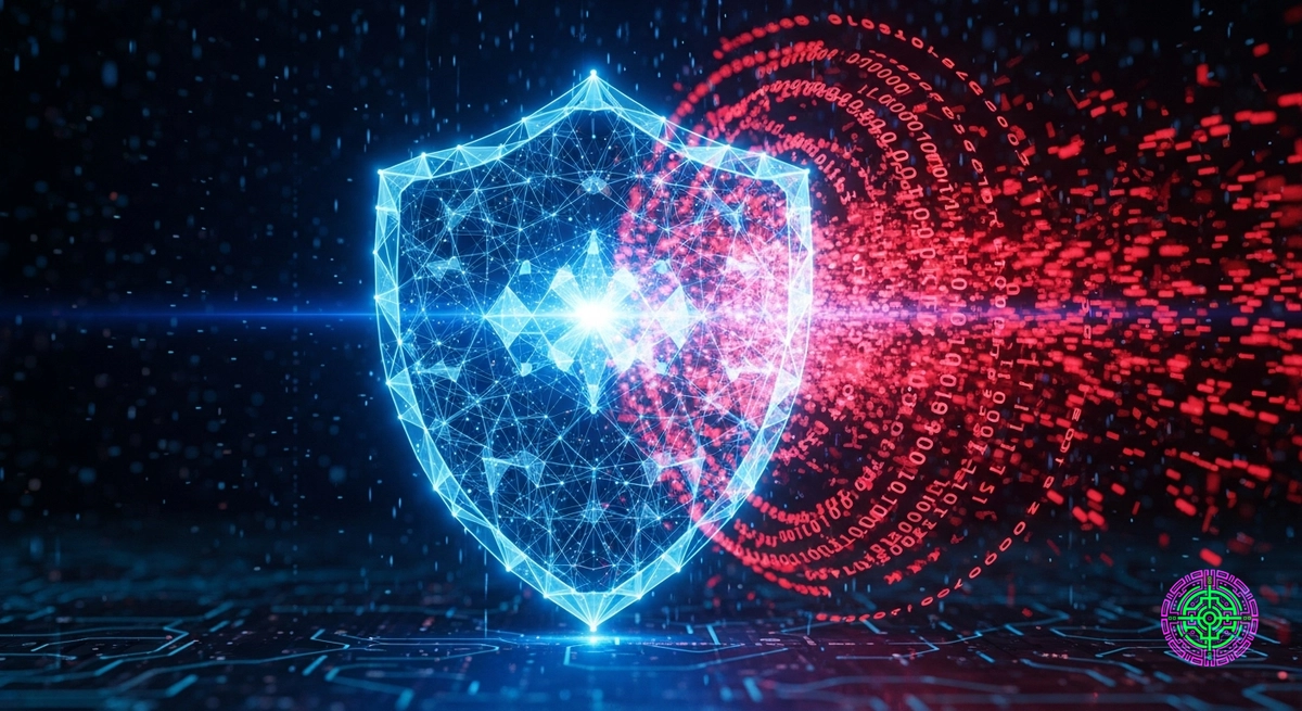 Digital security concept art with glowing red shield protecting data stream