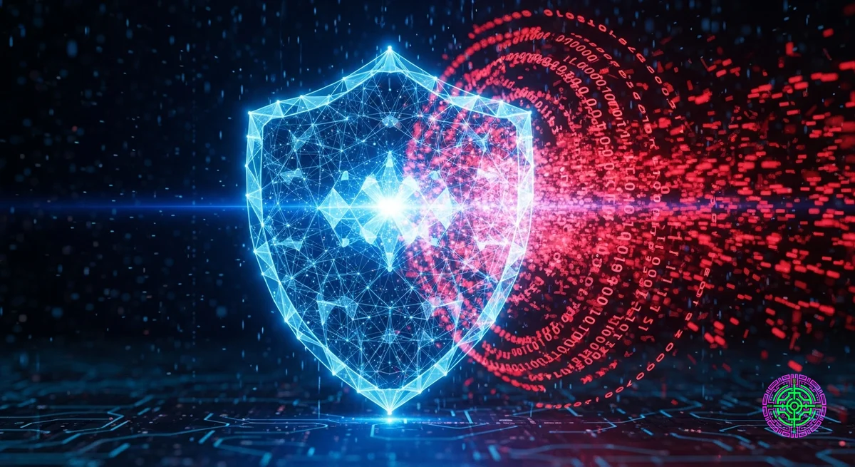 Arte conceptual de seguridad digital con un escudo rojo brillante que protege el flujo de datos
