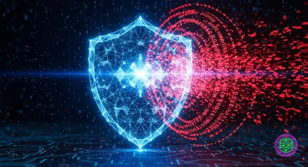 Digital security concept art with glowing red shield protecting data stream