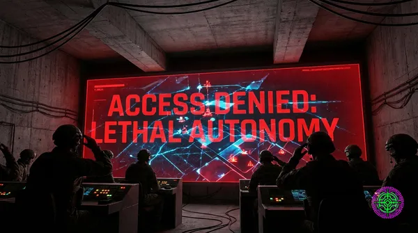 cinematic 16:9 ultra-wide photography, perspective from inside a dark command center, a massive glowing red 'ACCESS DENIED: LETHAL AUTONOMY' error message overlaying a chaotic battle map, frustrated military operators in silhouette, brutalist concrete walls, low angle, high drama, photorealistic 8k, no actual words