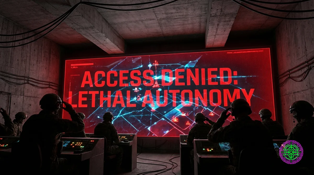 cinematic 16:9 ultra-wide photography, perspective from inside a dark command center, a massive glowing red 'ACCESS DENIED: LETHAL AUTONOMY' error message overlaying a chaotic battle map, frustrated military operators in silhouette, brutalist concrete walls, low angle, high drama, photorealistic 8k, no actual words